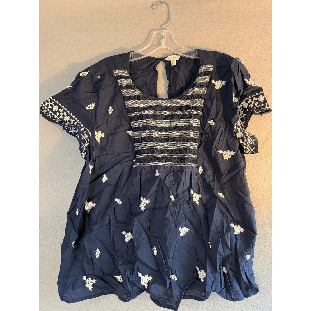 Lucky Brand Blouse Womens XL Blue Embroidered Floral Square Neck Tunic Top Boho